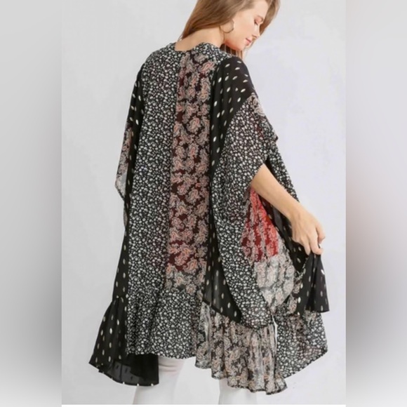 Umgee Sheer Mixed Print Kimono with Ruffled Hem - Picture 3 of 8